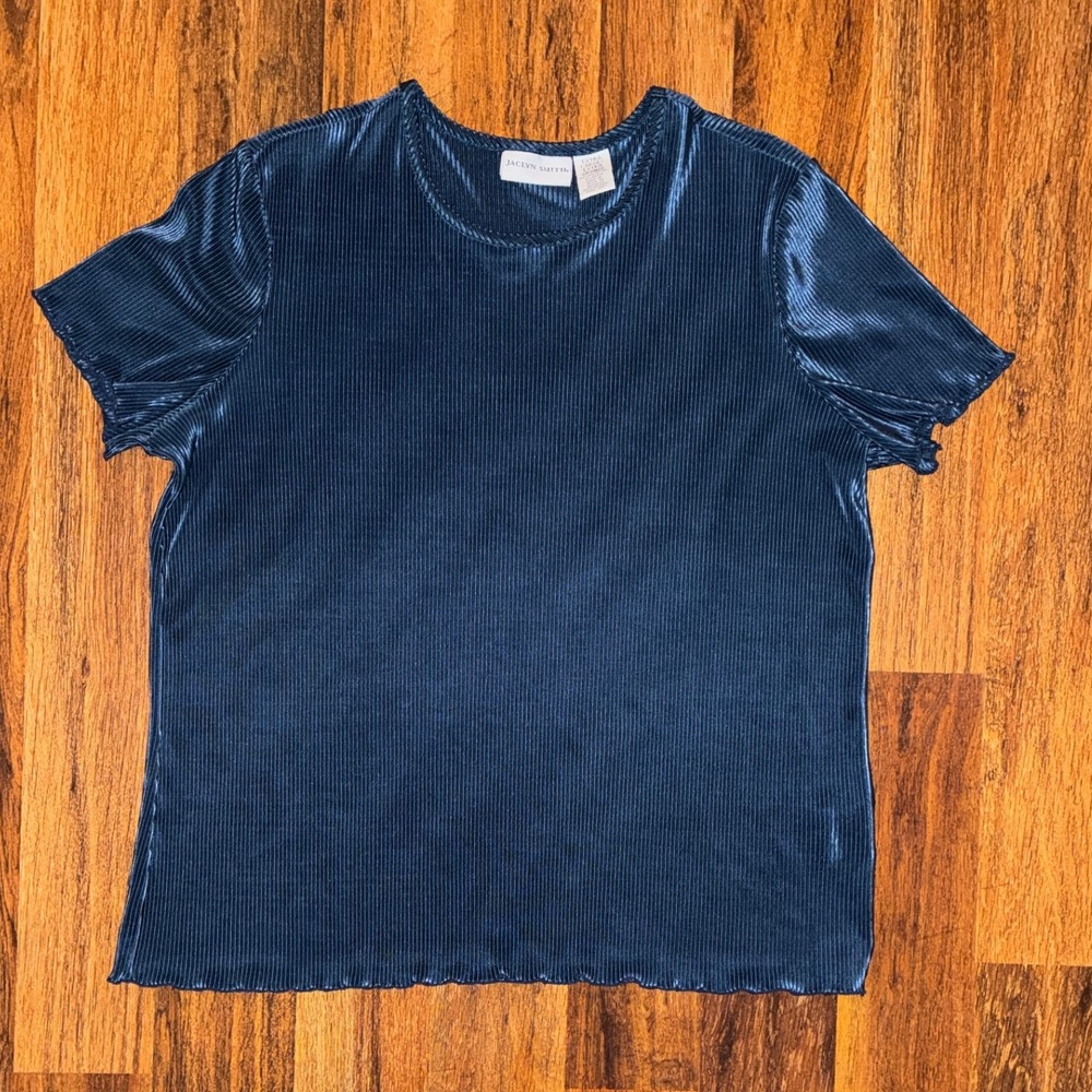 Jaclyn Smith Navy Blue Shimmer Pleated Short Sleeve Blouse XL Lettuce Edge 0342